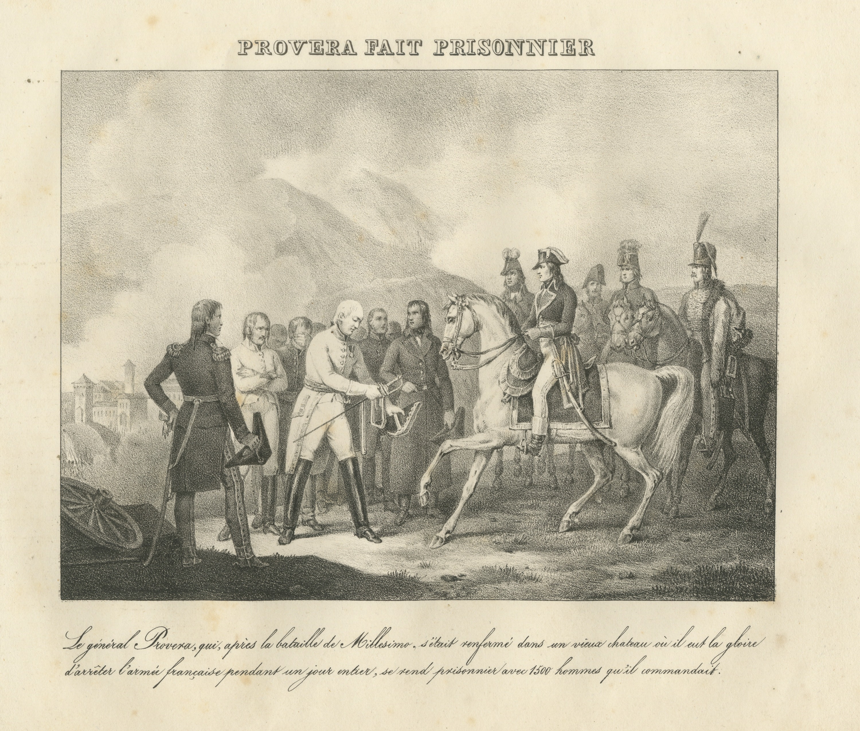 General Provera Surrenders after Millesimo, Antique Madou Lithograph, 1827