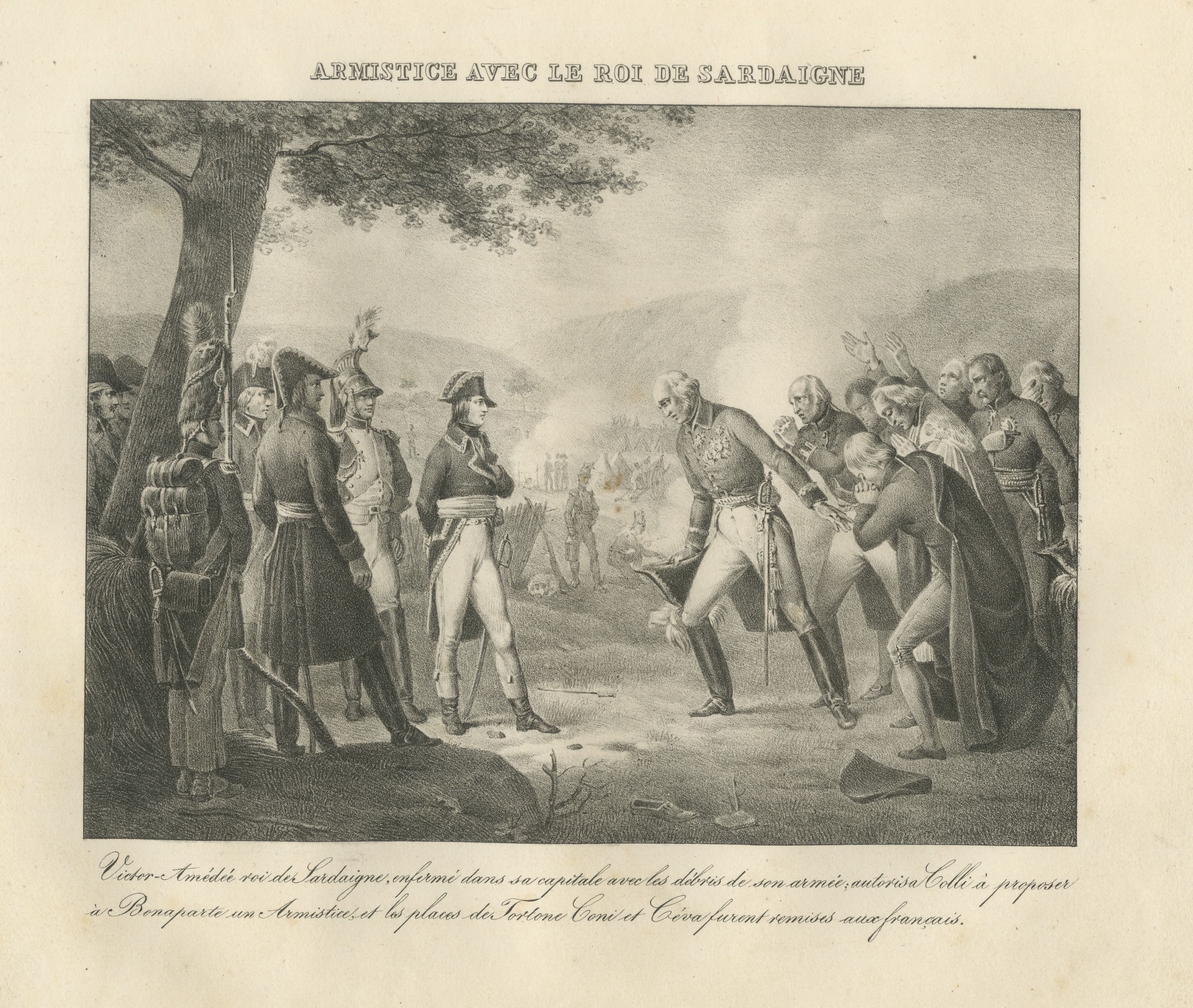 Victor Amadeus Sues for Armistice, Sardinia, Antique Madou Lithograph, 1827
