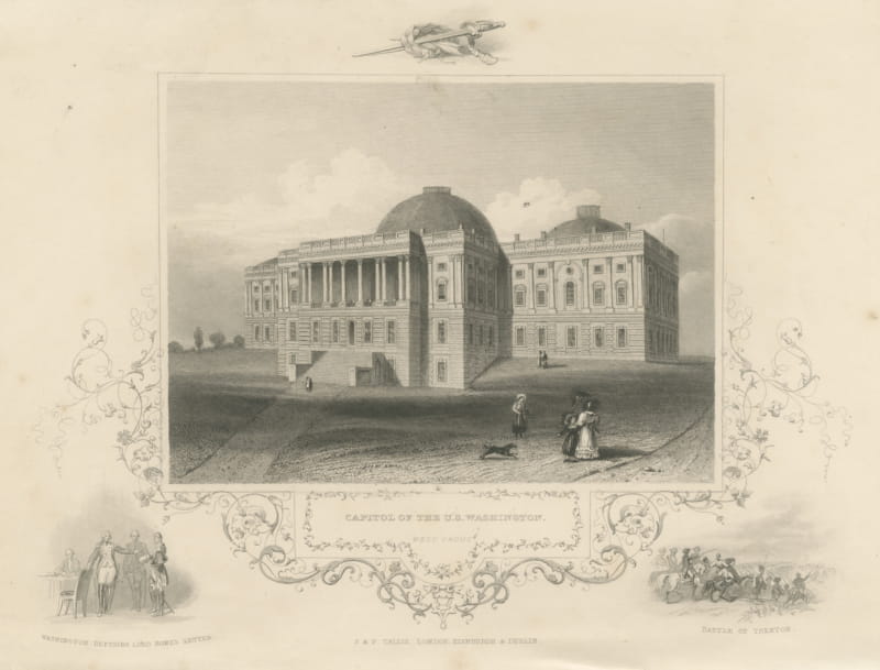 Capitol West Front, Washington, with Battle of Trenton Vignette, circa 1850