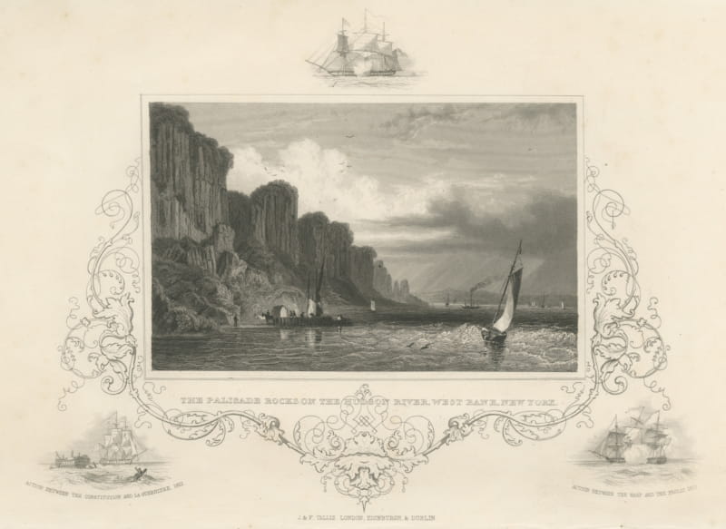 Palisade Rocks on the Hudson River, Constitution and Guerriere, circa 1850