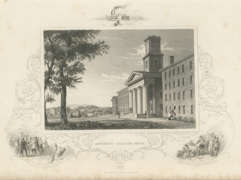 Amherst College, Massachusetts, with Governor Winthrop Vignette, circa 1850