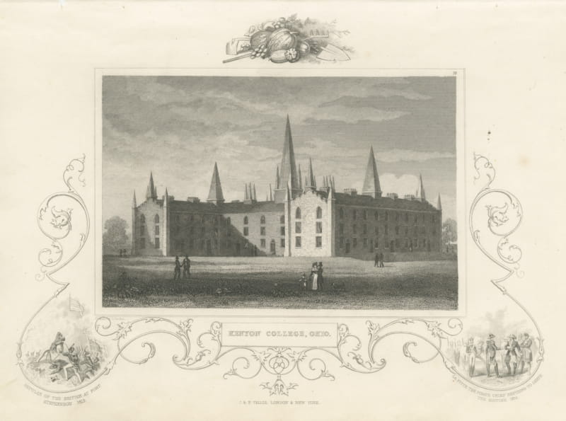 Kenyon College, Gambier, Ohio, with Fort Stephenson 1813 Vignette, circa 1850