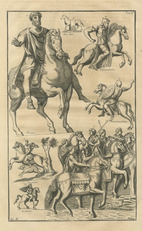 Roman Equestrian Statue and Cavalry Reliefs, Montfaucon Engraving, 1722