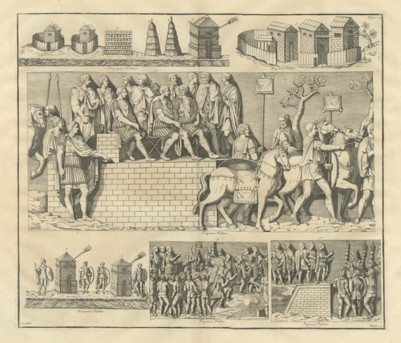Roman Camp Towers, Huts and Officers on a Tribunal, Trajan's Column, 1722