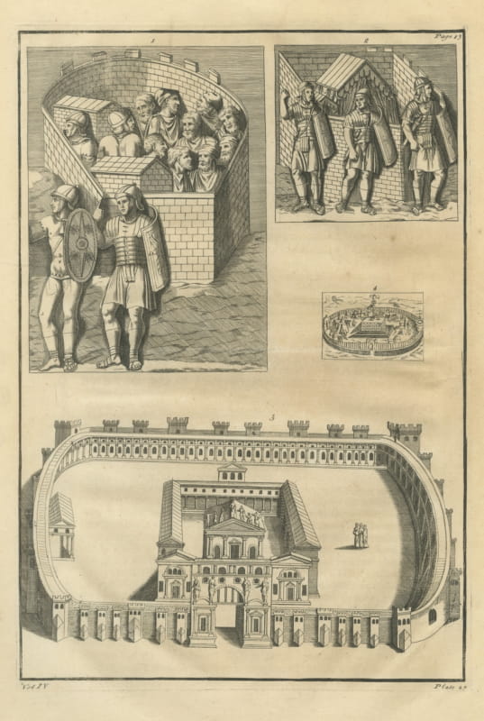 Roman Walled Camp Enclosures and Soldiers, Montfaucon Engraving, 1722
