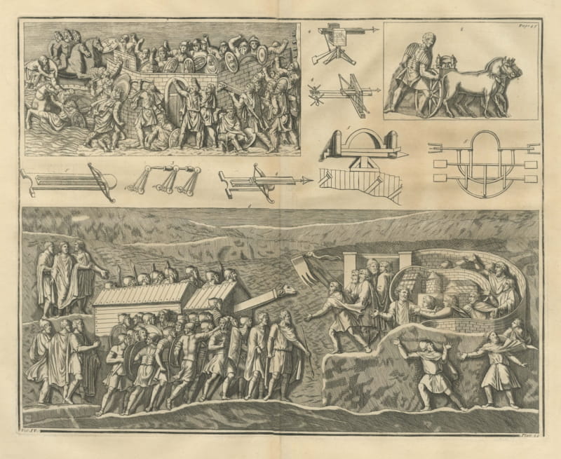 Roman Bolt Engines and a Ram Under a Shed, Montfaucon Siege Plate, 1722