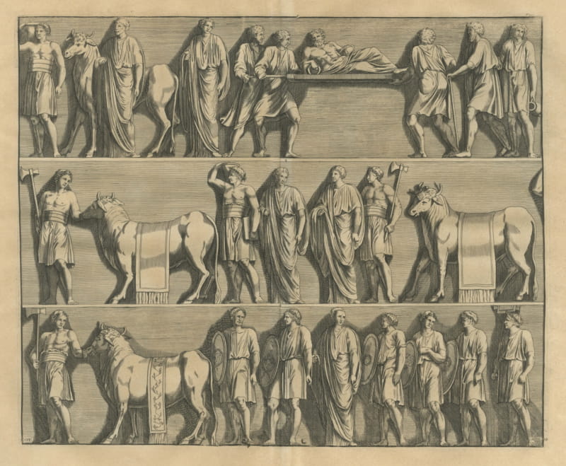 Roman Sacrificial Procession with Bulls and Axe Bearers, Montfaucon, 1722