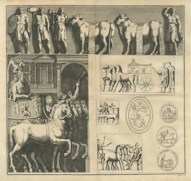 Roman Triumphal Chariots, Sacrificial Bulls and Coins, Montfaucon, 1722