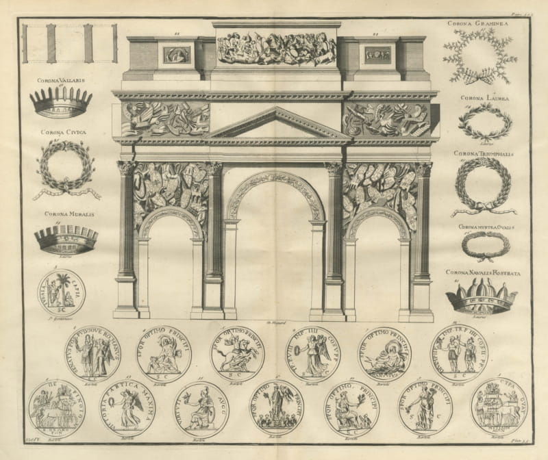 Roman Military Crowns and an Arch of Three Openings, Montfaucon, 1722