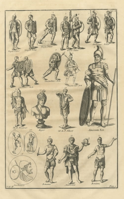 Roman Legionaries, Helmets and Gems from Trajan's Column, Montfaucon, 1722