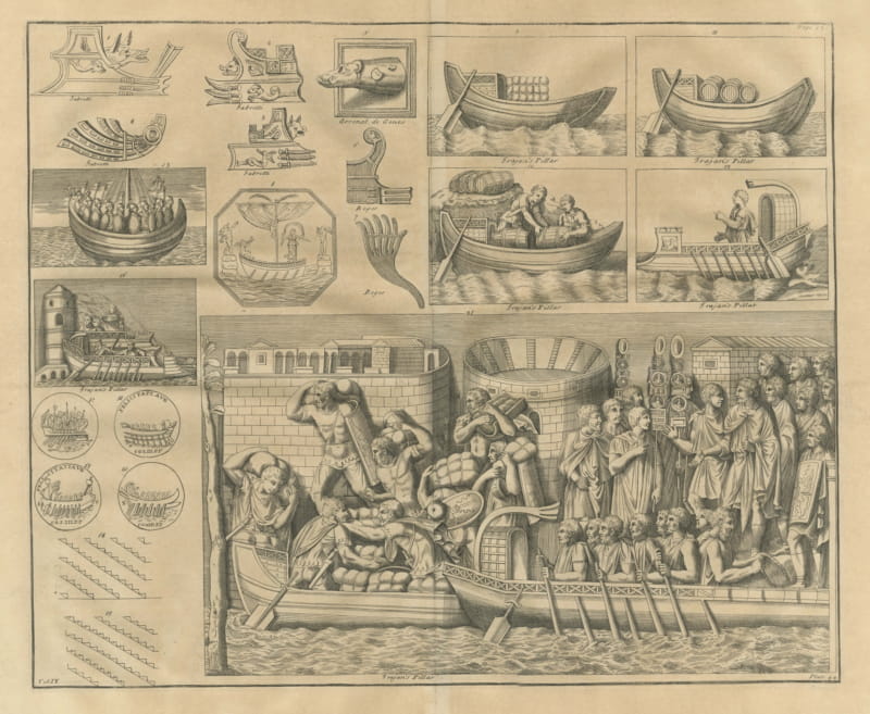Roman Ships, Prows, Coins and a Loading Scene from Trajan's Column, 1722