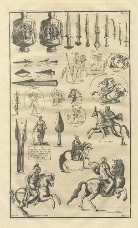 Roman Swords, Spearheads and Cavalry from Trajan's Column, Montfaucon, 1722