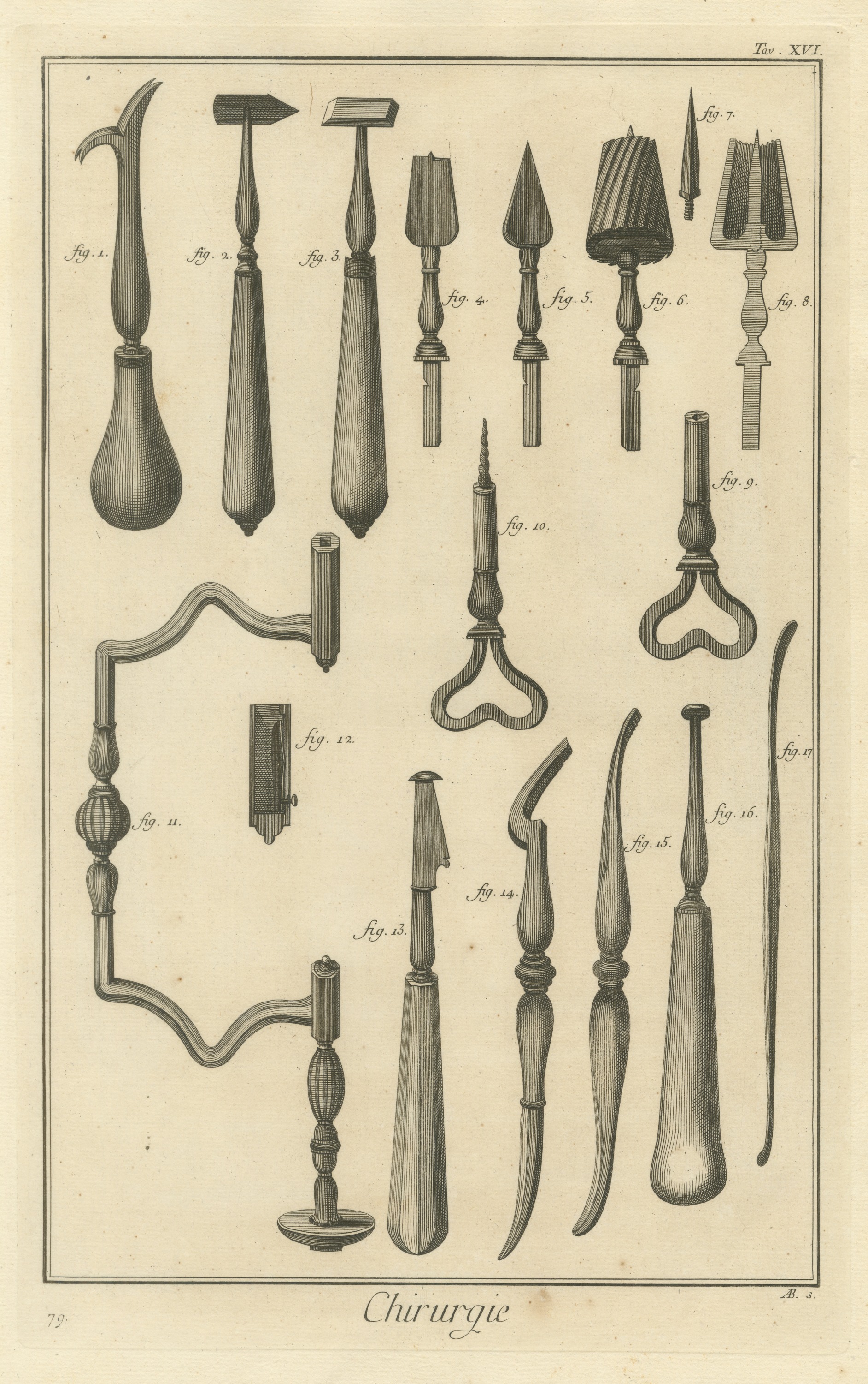 Trepan Brace, Crowns and Bits, Diderot Chirurgie Plate XVI, circa 1772