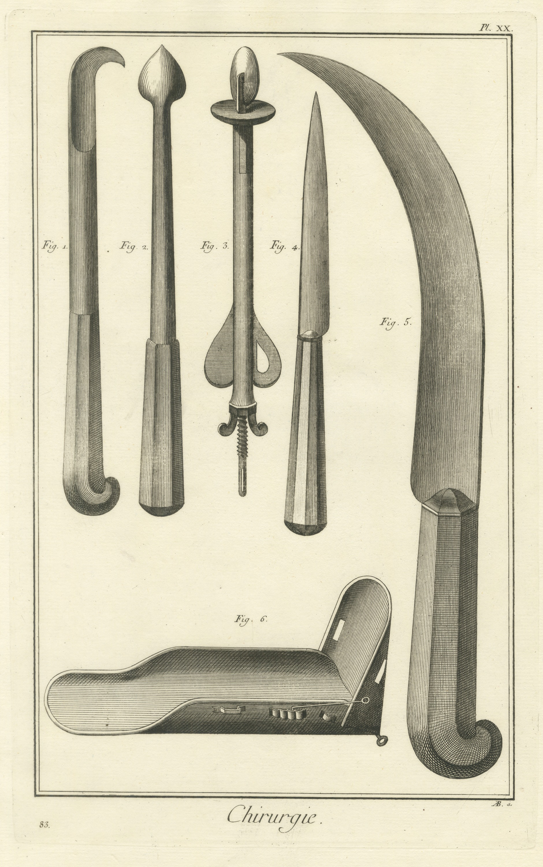 Hooked Instrument and Sickle Knife, Diderot Chirurgie Plate XX, circa 1772