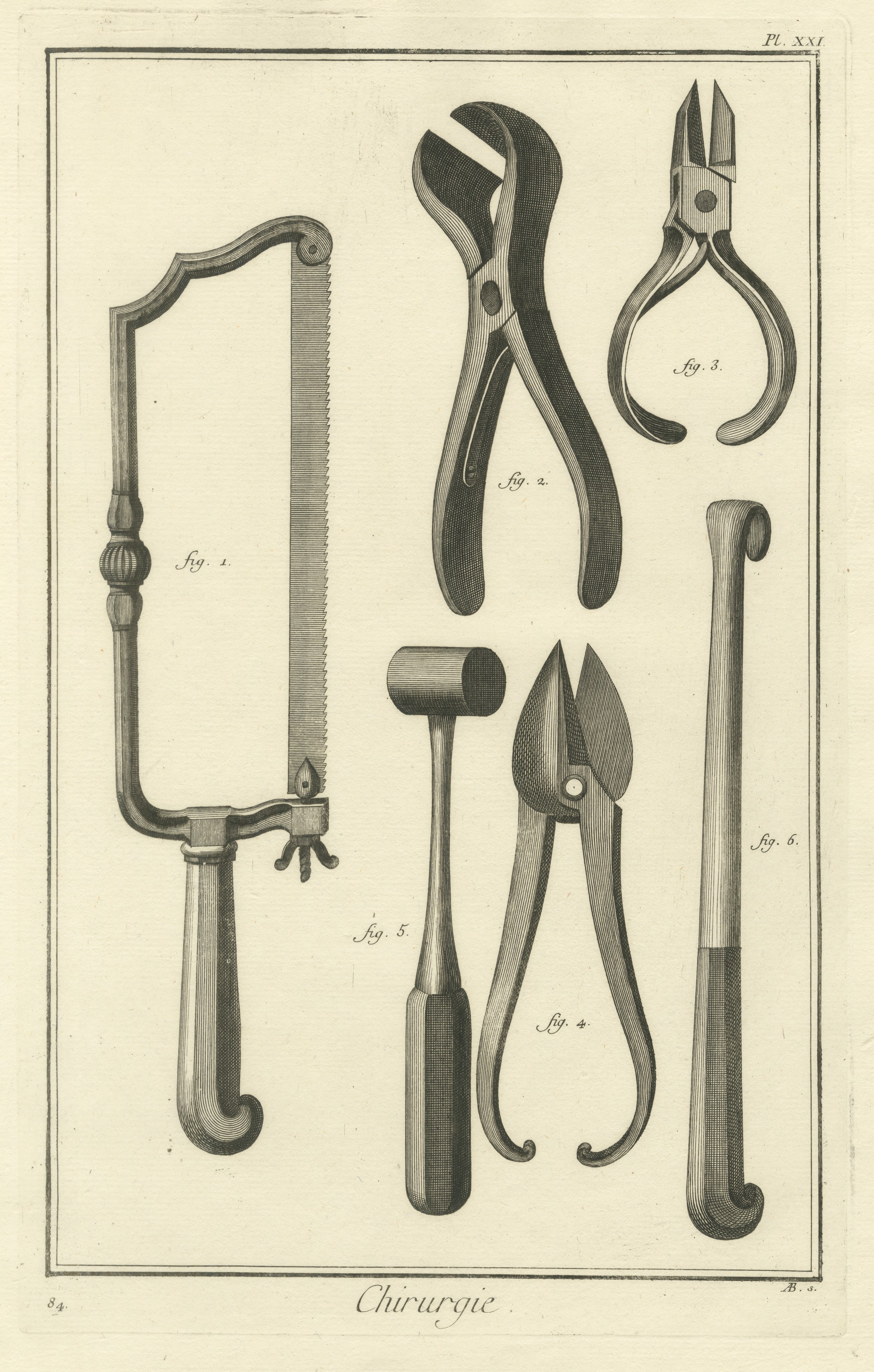 Bow Saw, Pincers, Nippers and Shears, Diderot Chirurgie Plate XXI, circa 1772
