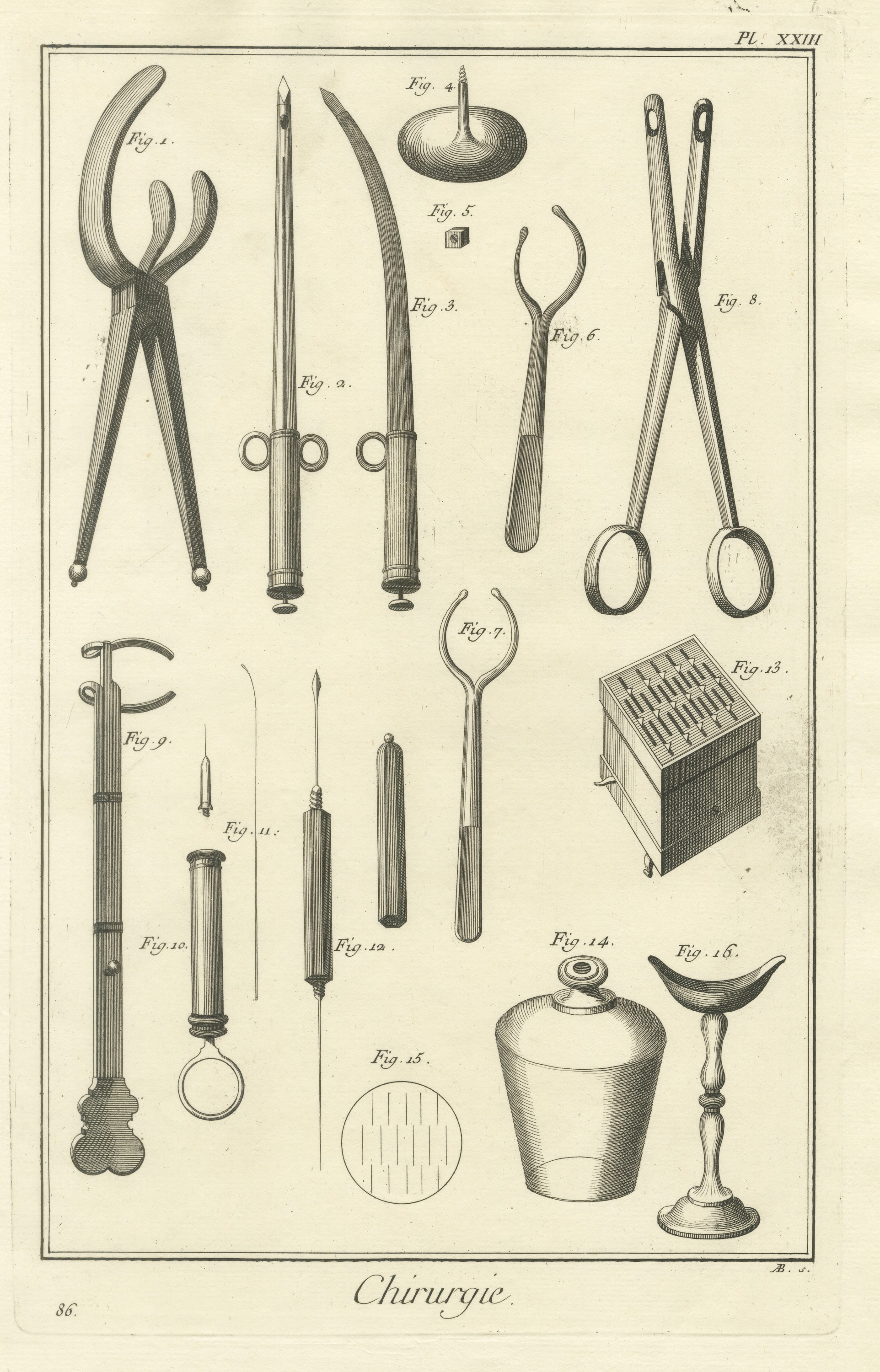 Forceps and Bladed Instruments, Diderot Chirurgie Plate XXIII, circa 1772