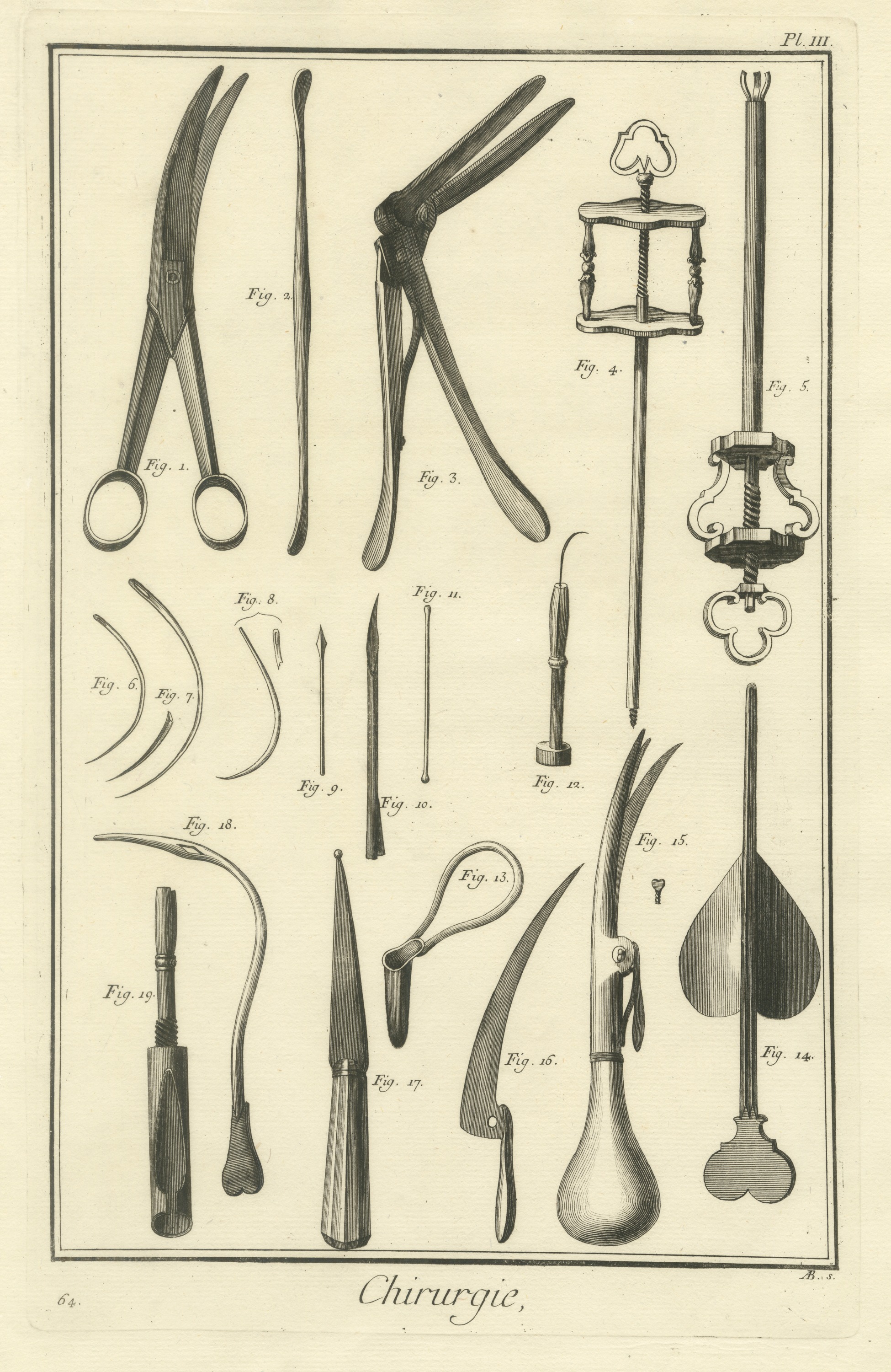 Suture Needles and Screw Instruments, Diderot Chirurgie Plate III, circa 1772