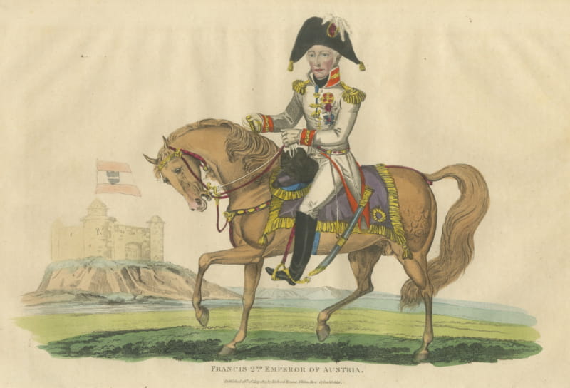 Emperor Francis II of Austria Riding Before a Hilltop Castle, Hand Colored, 1815