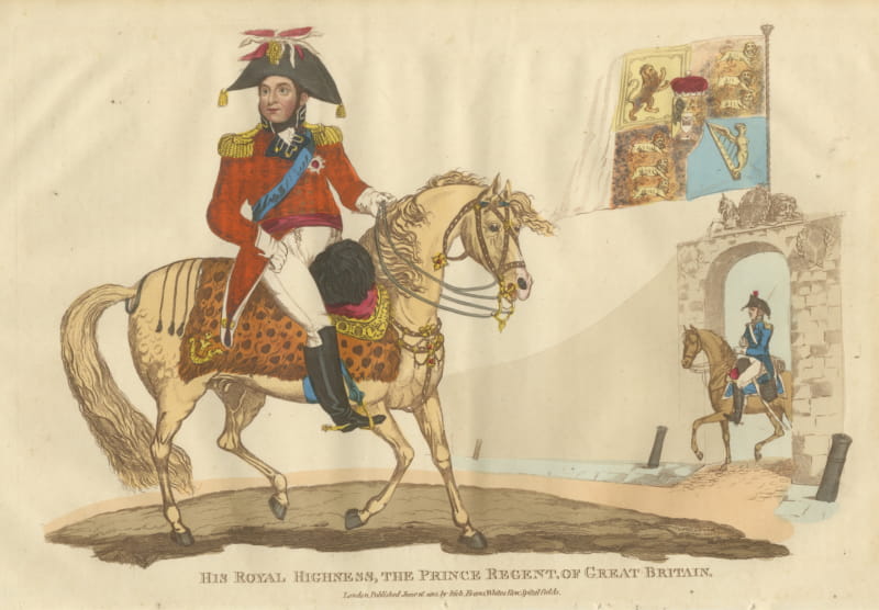 The Prince Regent on a Leopard Skin Saddlecloth with the Royal Standard, 1815