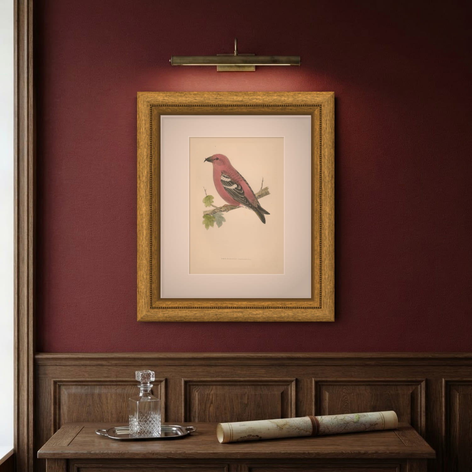 Two Barred Crossbill on a Leafy Branch, Morris Bird Plate, 1896