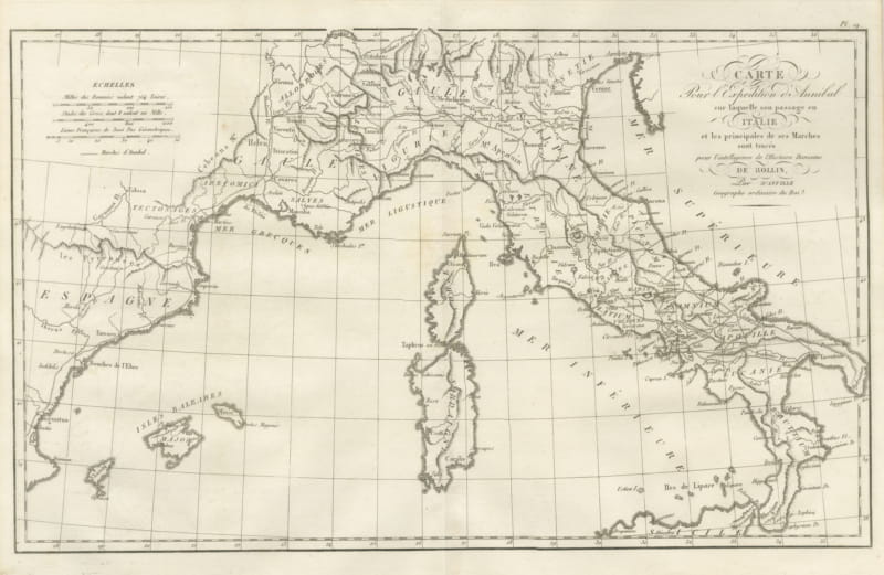 Hannibal's March into Italy, d'Anville Map for Rollin's Roman History, 1818