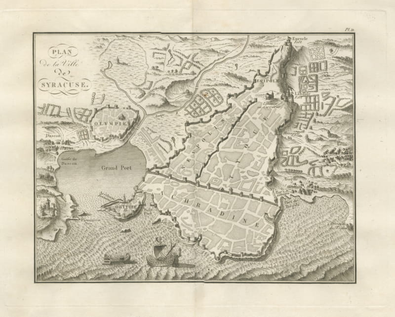 Plan of Ancient Syracuse with Ortygia and Galleys, Rollin Atlas, 1818