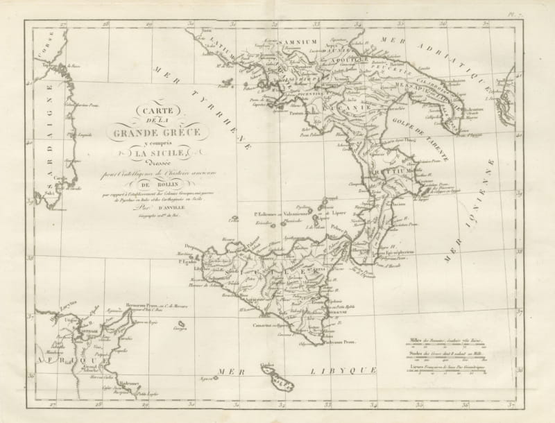 Magna Graecia and Sicily, Greek Colonies Map after d'Anville, 1818