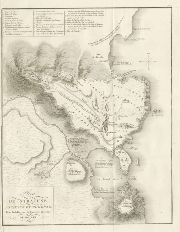 Plan of Ancient and Modern Syracuse with Numbered Key, Rollin Atlas, 1818
