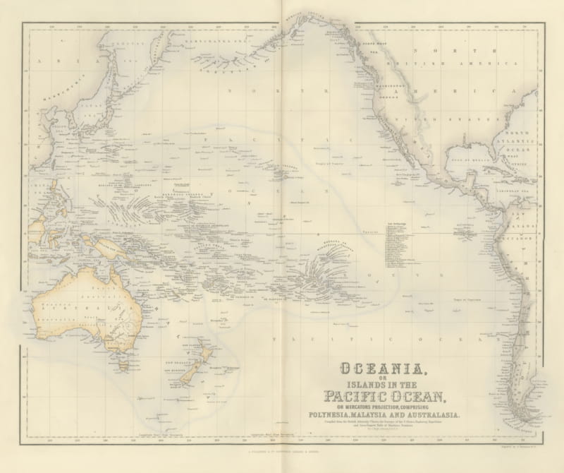 Antique Map of Oceania and the Pacific with the Sandwich Islands, circa 1860