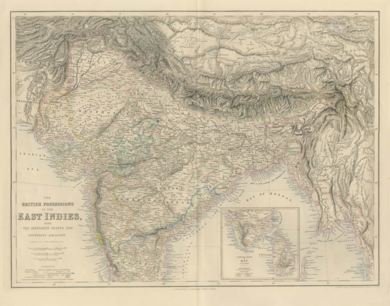 Antique Map of British India with Ceylon Continuation Inset, circa 1860