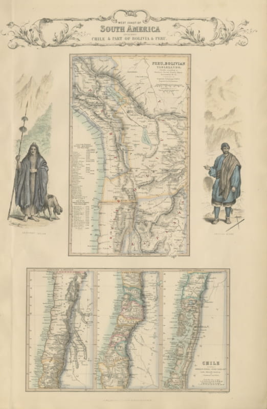 Antique Map of the West Coast of South America with Costume Figures, circa 1860