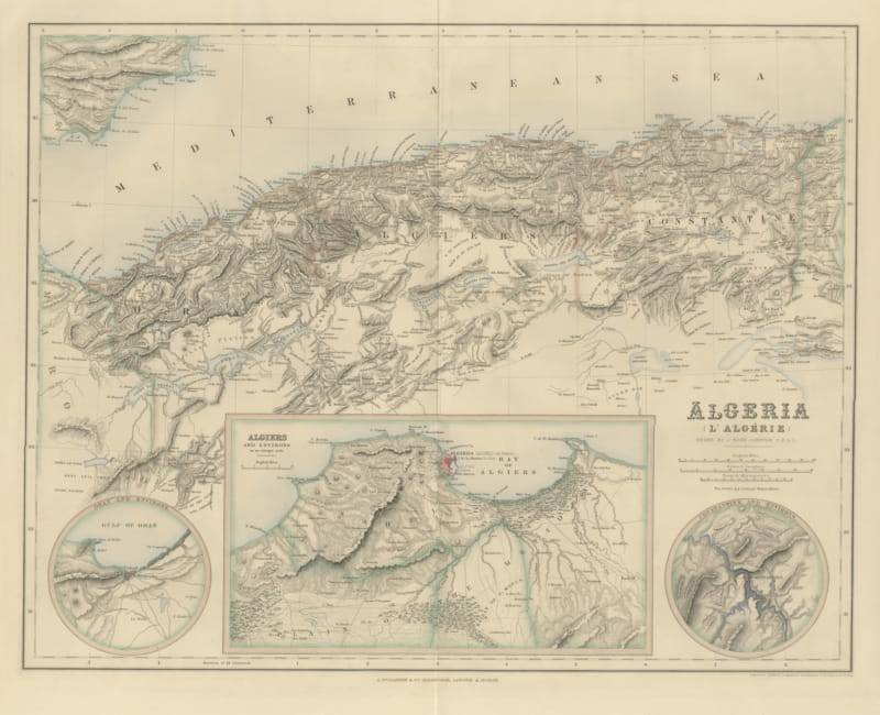 Antique Map of Algeria with Algiers, Oran and Constantine Insets, circa 1860