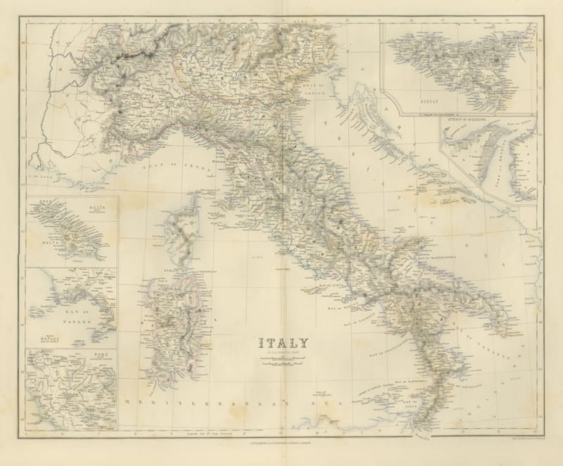 Antique Map of Italy with Sicily, Malta and Bay of Naples Insets, circa 1860