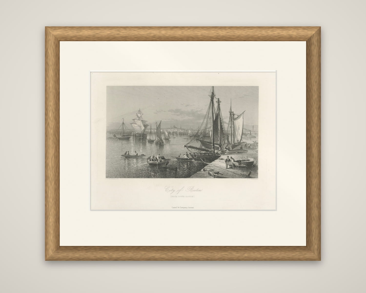 City of Boston, Harbor View from South Boston – Antique Maritime Engraving, 1870