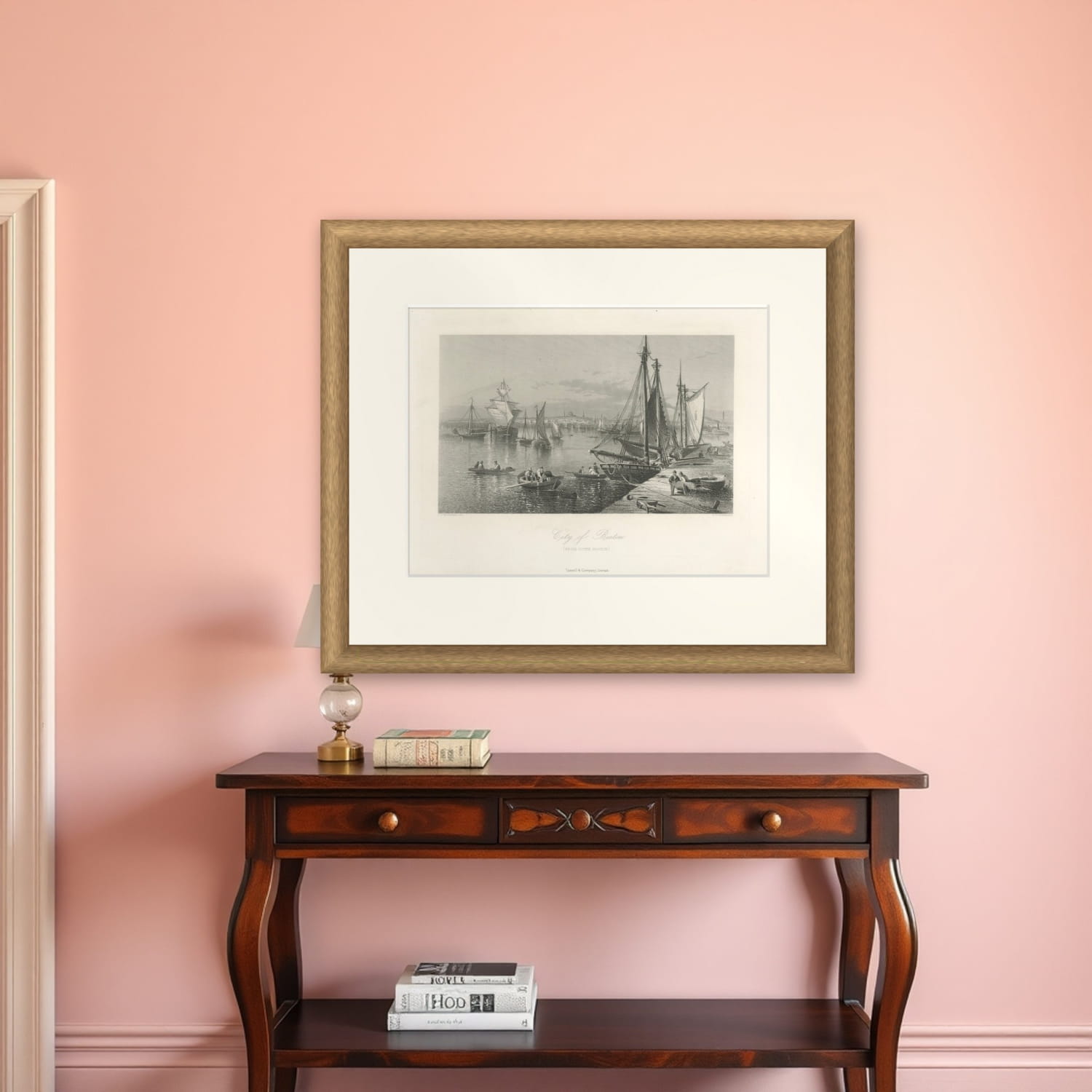 City of Boston, Harbor View from South Boston – Antique Maritime Engraving, 1870