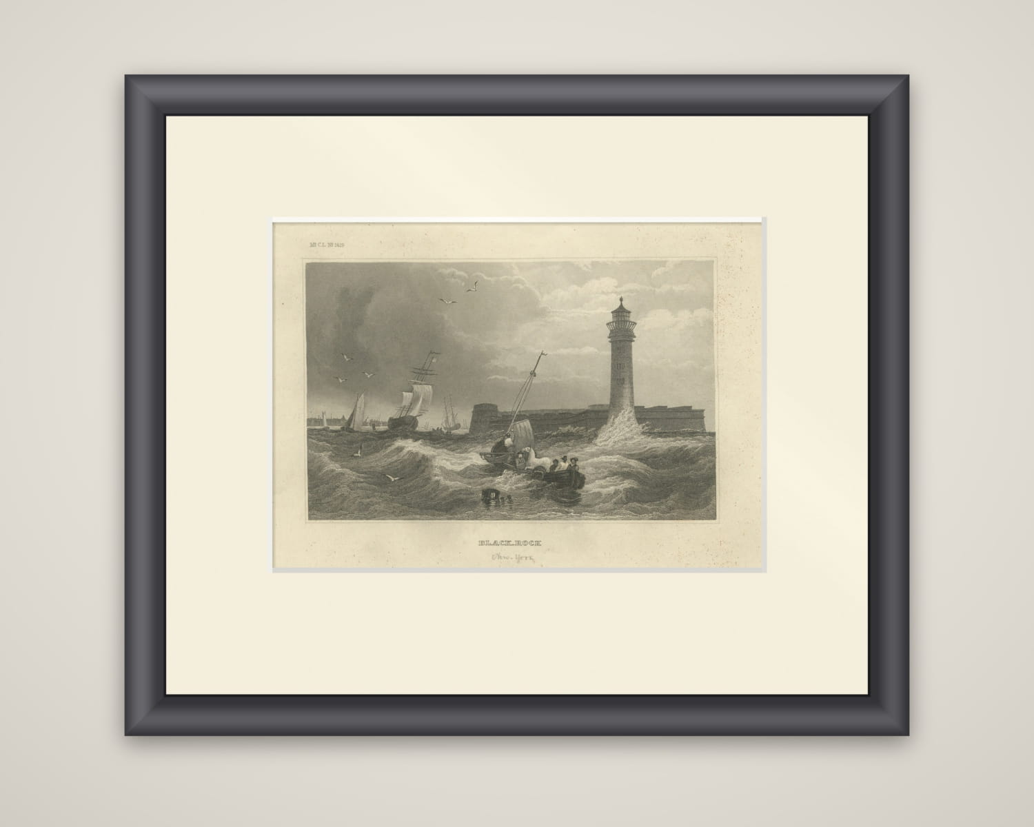 Black Rock New York Harbor Lighthouse – Antique Steel Engraving c.1850