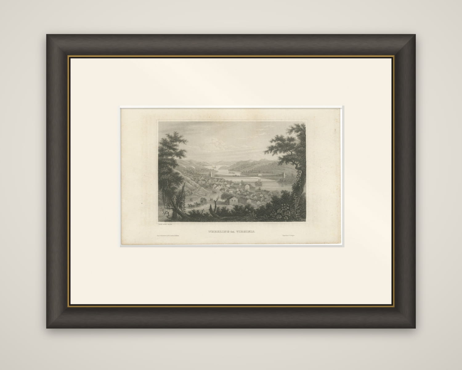 Antique Wheeling Virginia View, Suspension Bridge, Ohio River, Meyer c.1850
