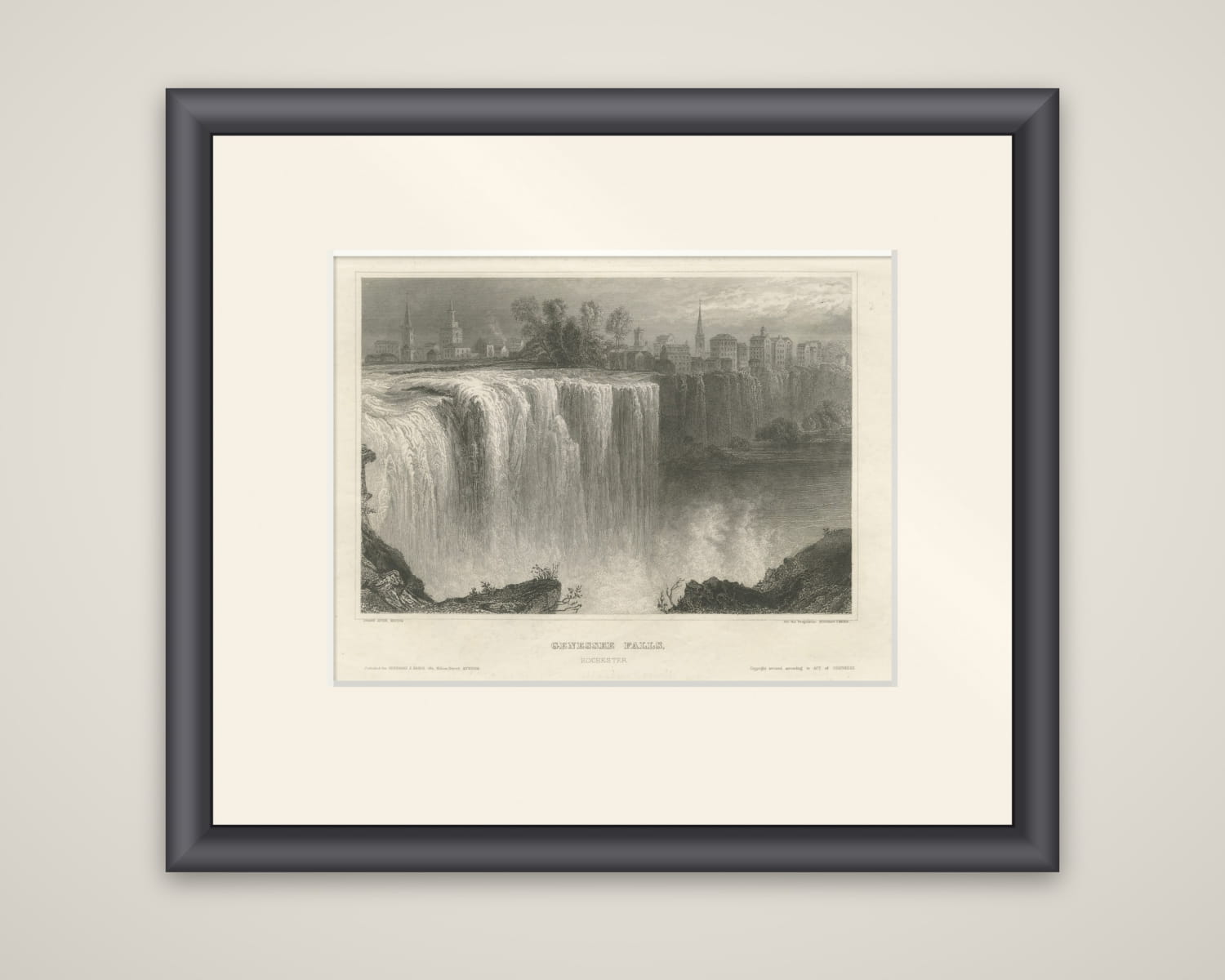 Genesee Falls, Rochester – Antique Waterfall Engraving, New York State, ca.1850