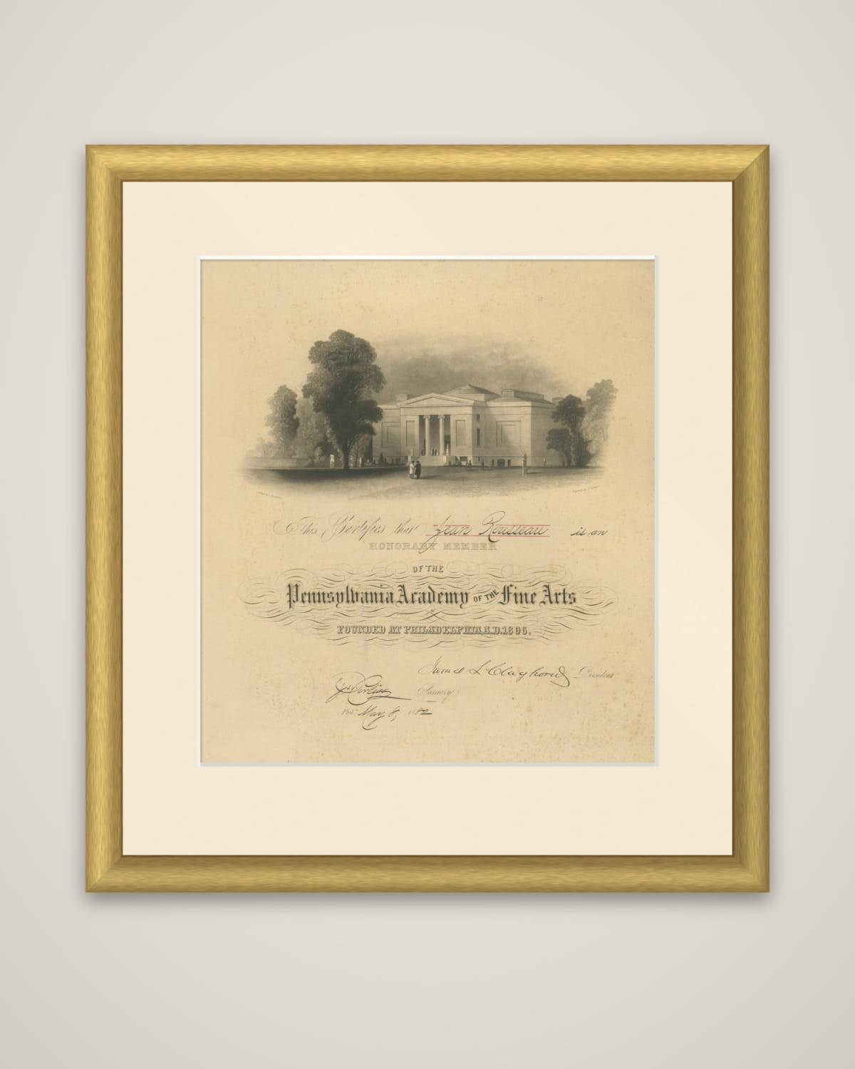 Pennsylvania Academy of the Fine Arts Honorary Membership Certificate, 1882