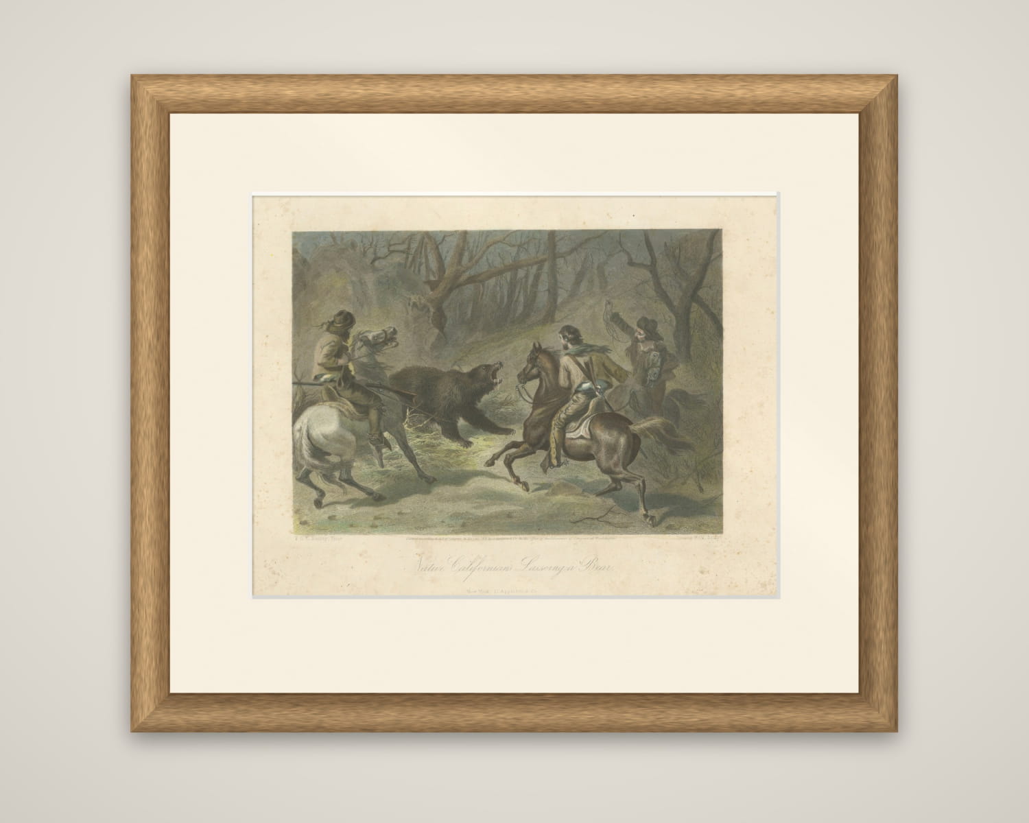 Native Californians Lassoing a Bear, Hand-Colored Americana Print, 1853