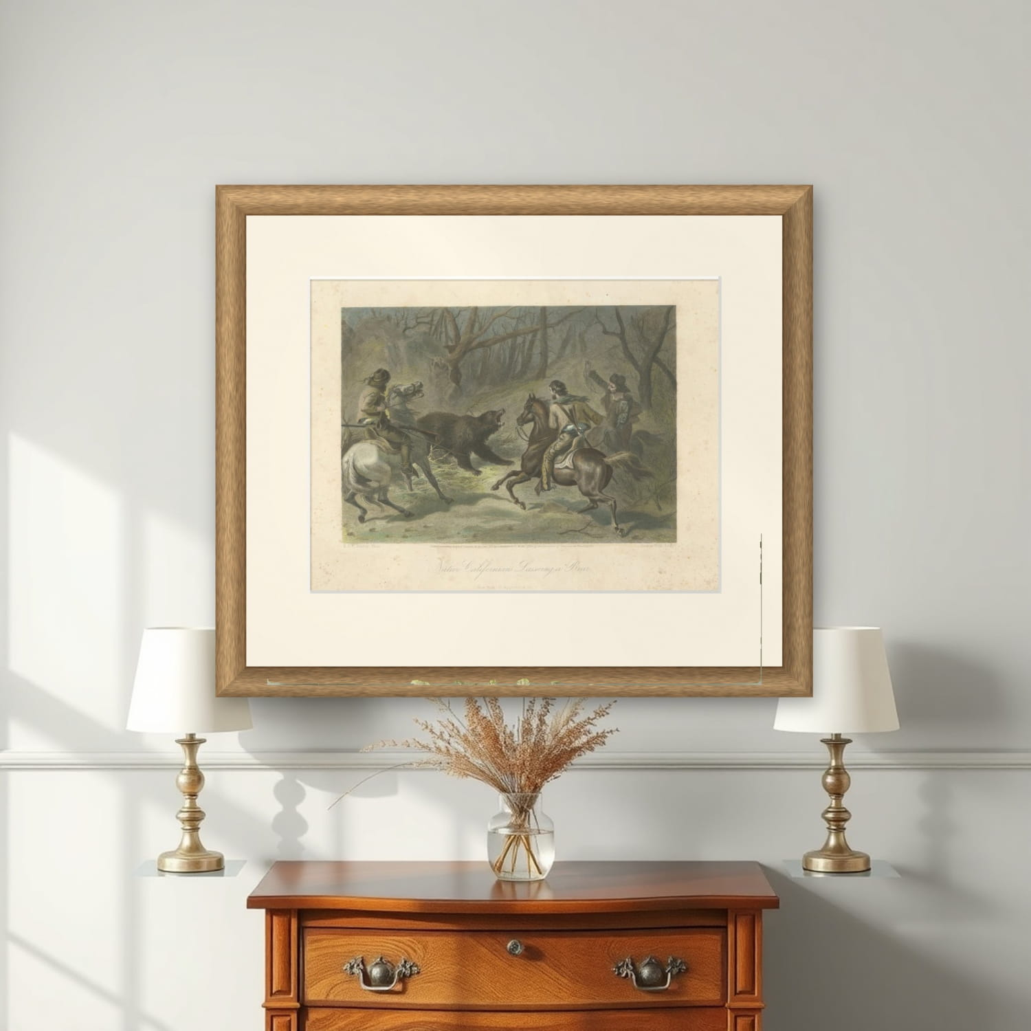 Native Californians Lassoing a Bear, Hand-Colored Americana Print, 1853