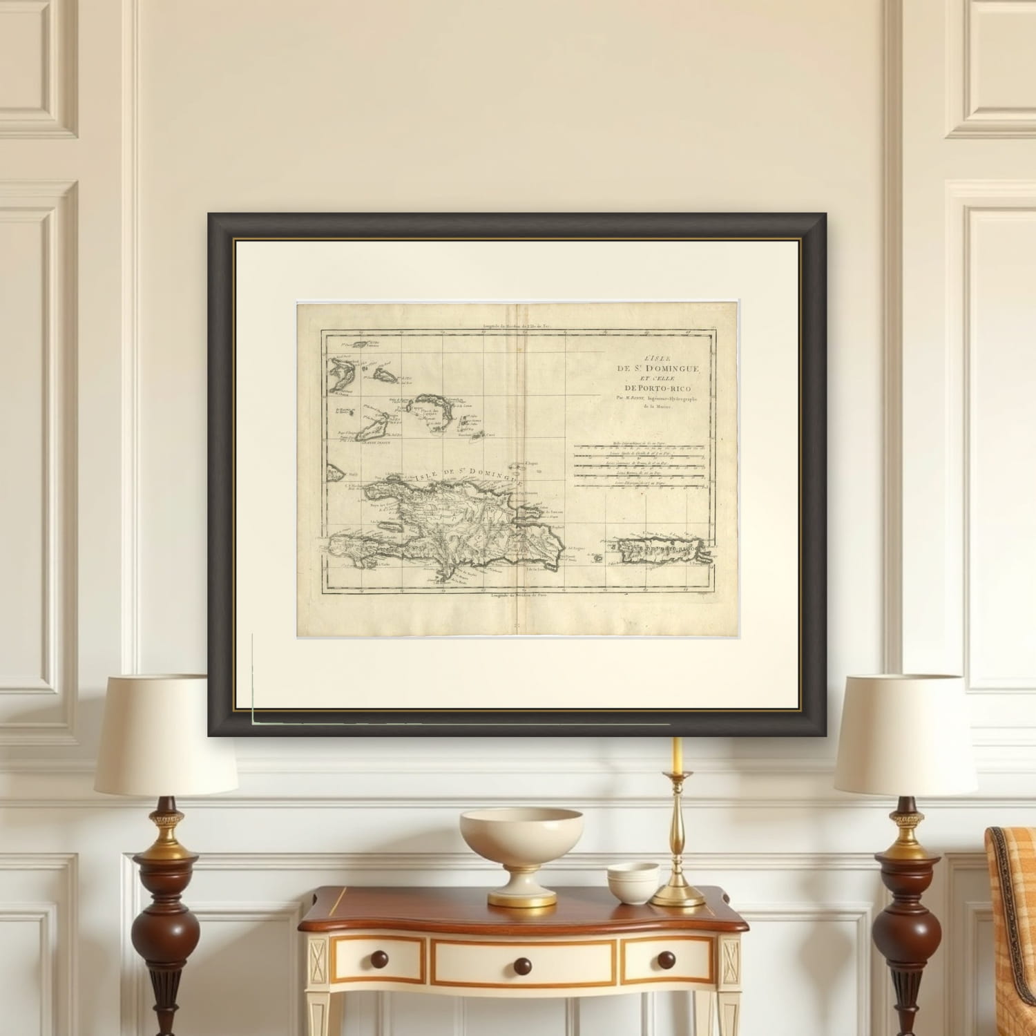 Detailed Antique Map of Santa Domingo, Puerto Rico, Eastern Bahamas, ca. 1780