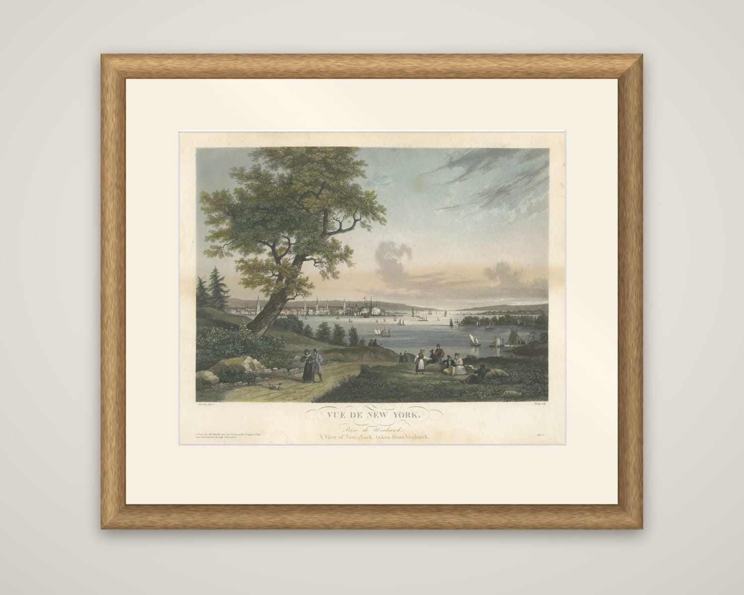 View of New York City from Weehawken, Rare Hand-Colored 1834 Aquatint Print