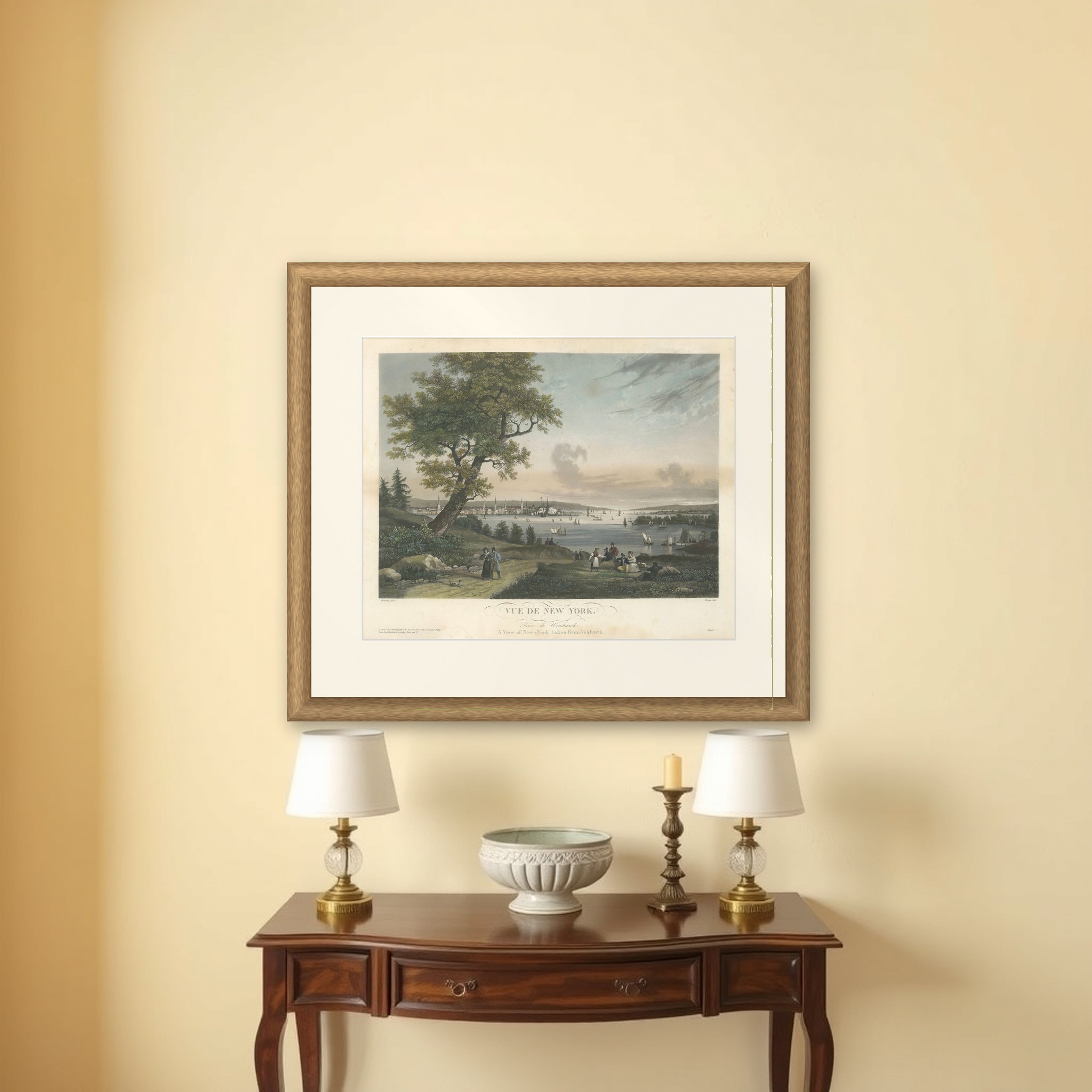 View of New York City from Weehawken, Rare Hand-Colored 1834 Aquatint Print