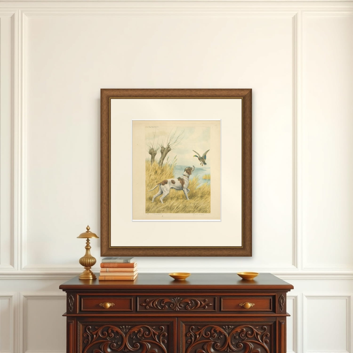 Vintage Hunting Dog Lithograph “Pointer & Mallard” by Paul Wood – New York, 1930