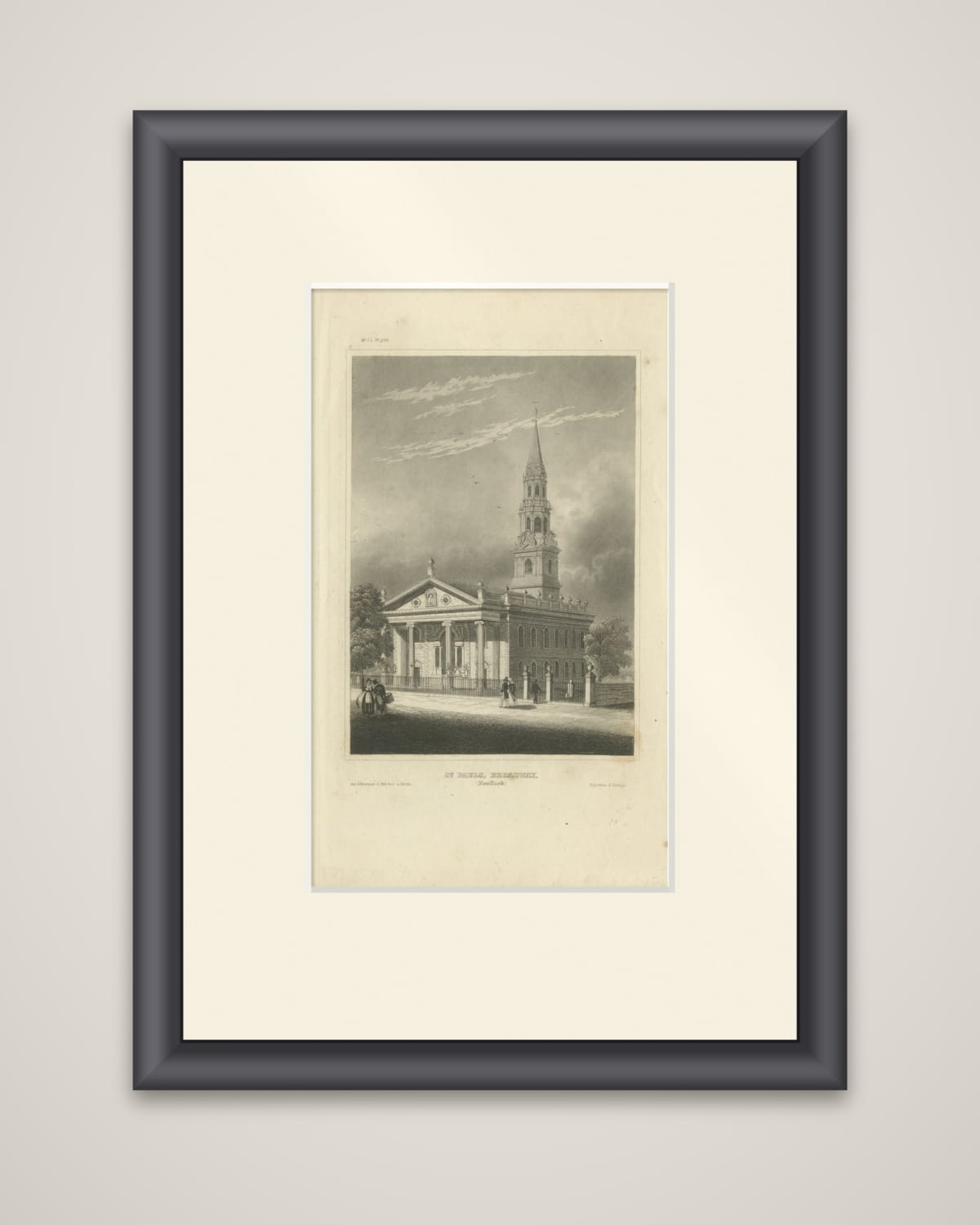 St Paul’s Broadway New York - Antique Engraving Church View, ca.1850