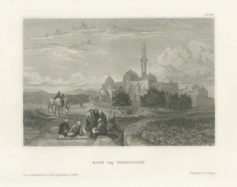 Mount Zion near Jerusalem, Antique View with Domes and Minaret, circa 1850