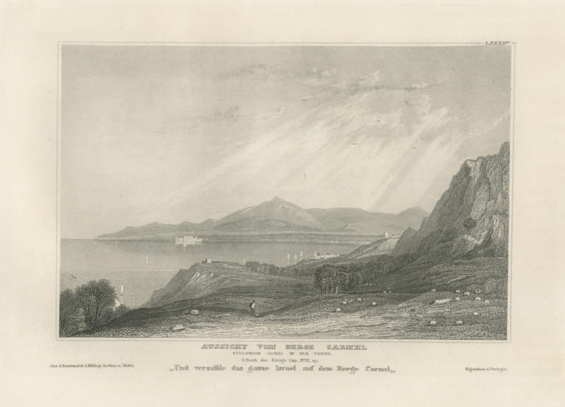 Antique View from Mount Carmel, Bay of Acre, Holy Land Engraving, circa 1850
