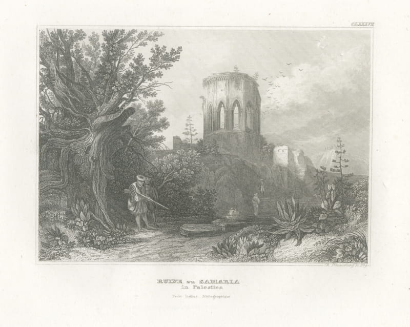 Ruins of Samaria in Palestine, Antique Romantic Landscape View, circa 1850