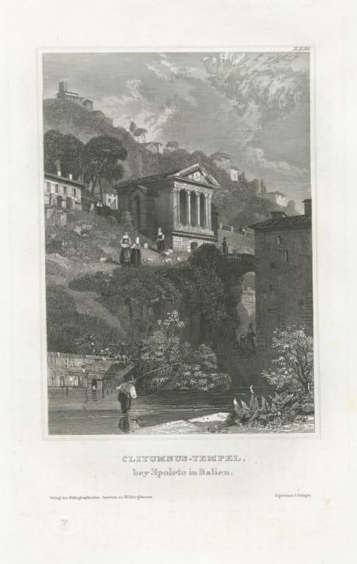 Temple of Clitumnus near Spoleto, Antique Italian Architectural View, circa 1850